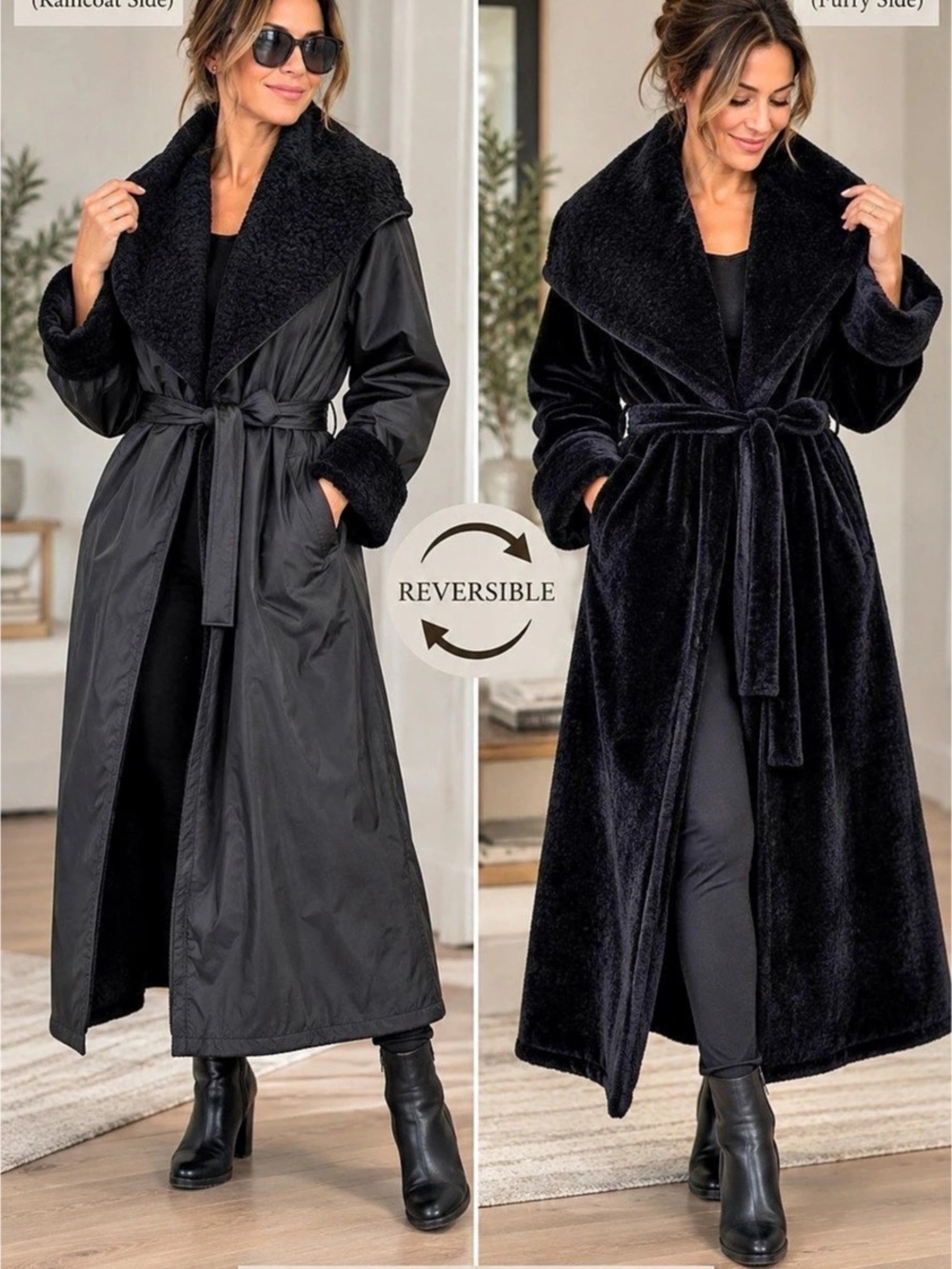 Reversible Belted Coat in Black Like New